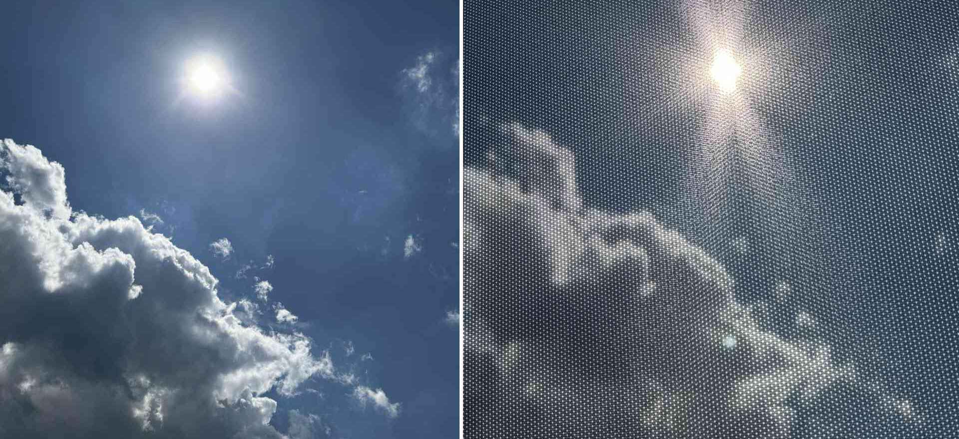 zwei Bilder von der Sonne im Vergleich mit und ohne Sonnenschutzelement