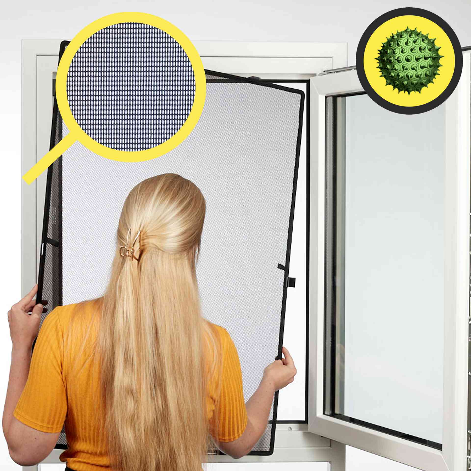 WinClip STYLE Pollenschutz für Kunststofffenster B2B der WinClip Pollenschutz wird an ein Fenster gehalten